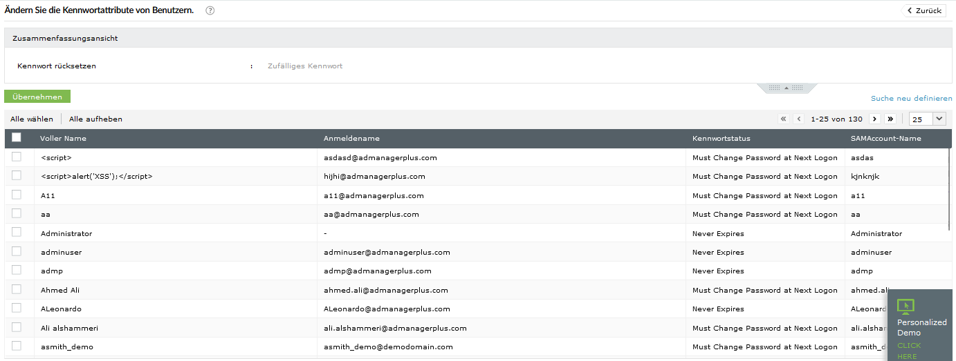 Screenshot ADManager Plus: Passwort von AD-Benutzern ändern
