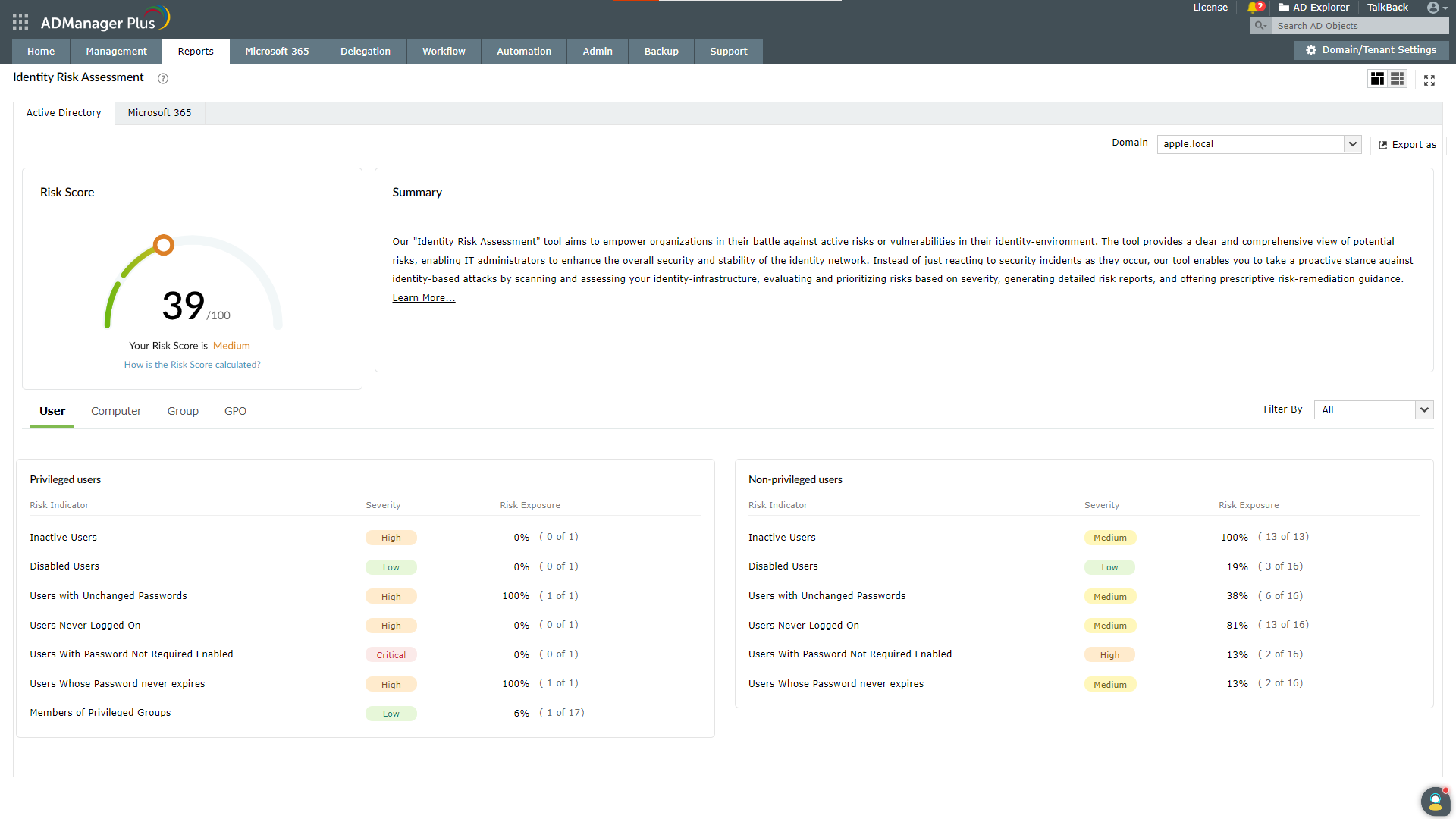 Screenshot ADManager Plus: Identity Risk Assessment Report 