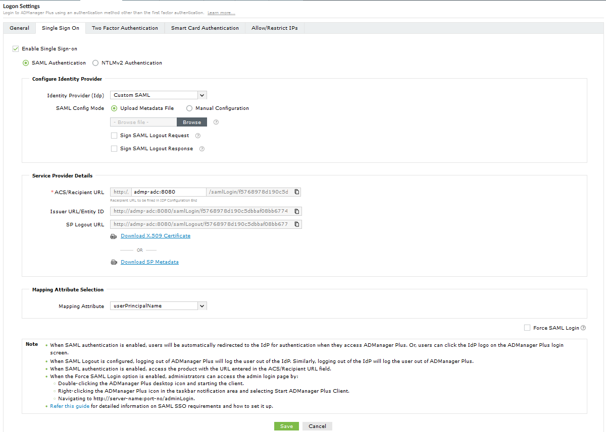 Screenshot ADManager Plus: Single Sign-On konfigurieren