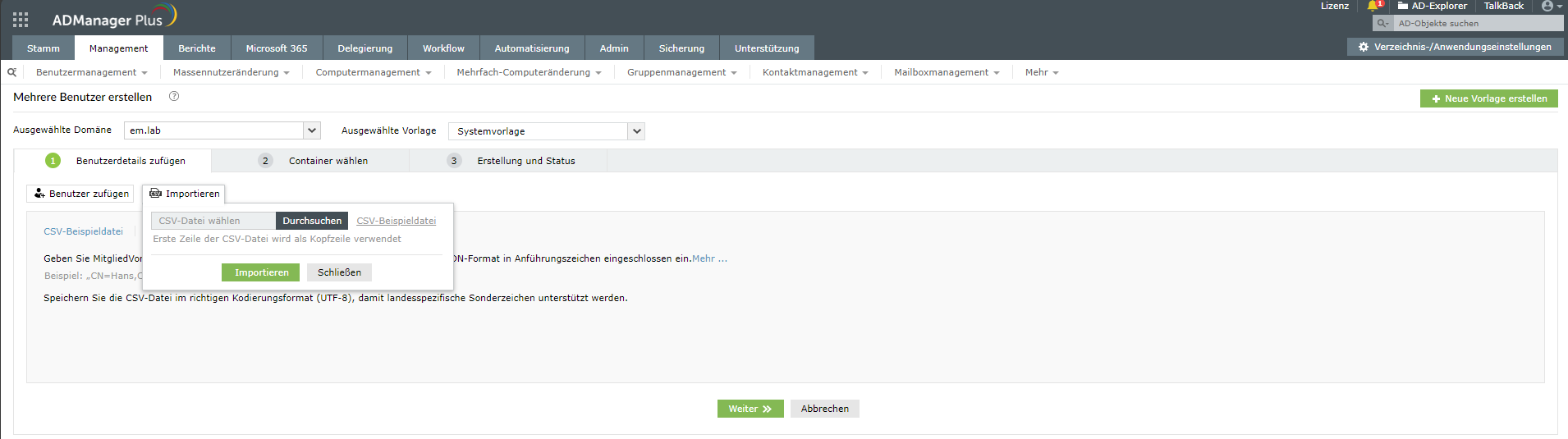 Screenshot ADManager Plus: Erstellung mehrerer Benutzer 