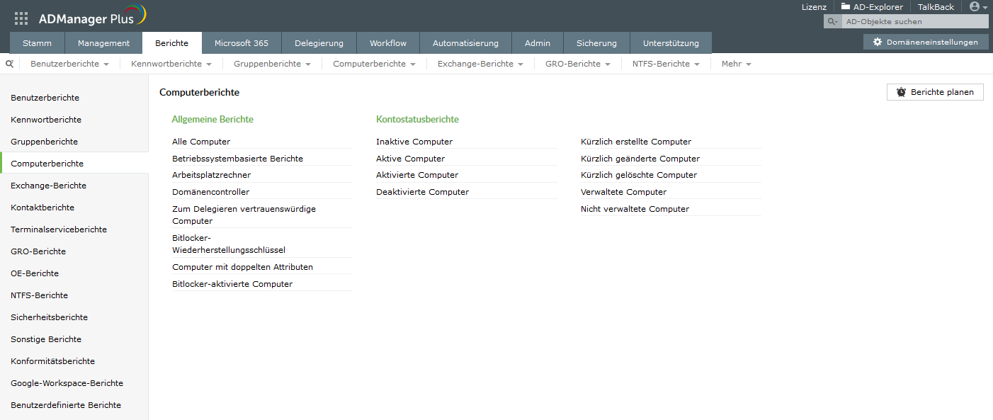 Screenshot ADManager Plus: Computer-Reports