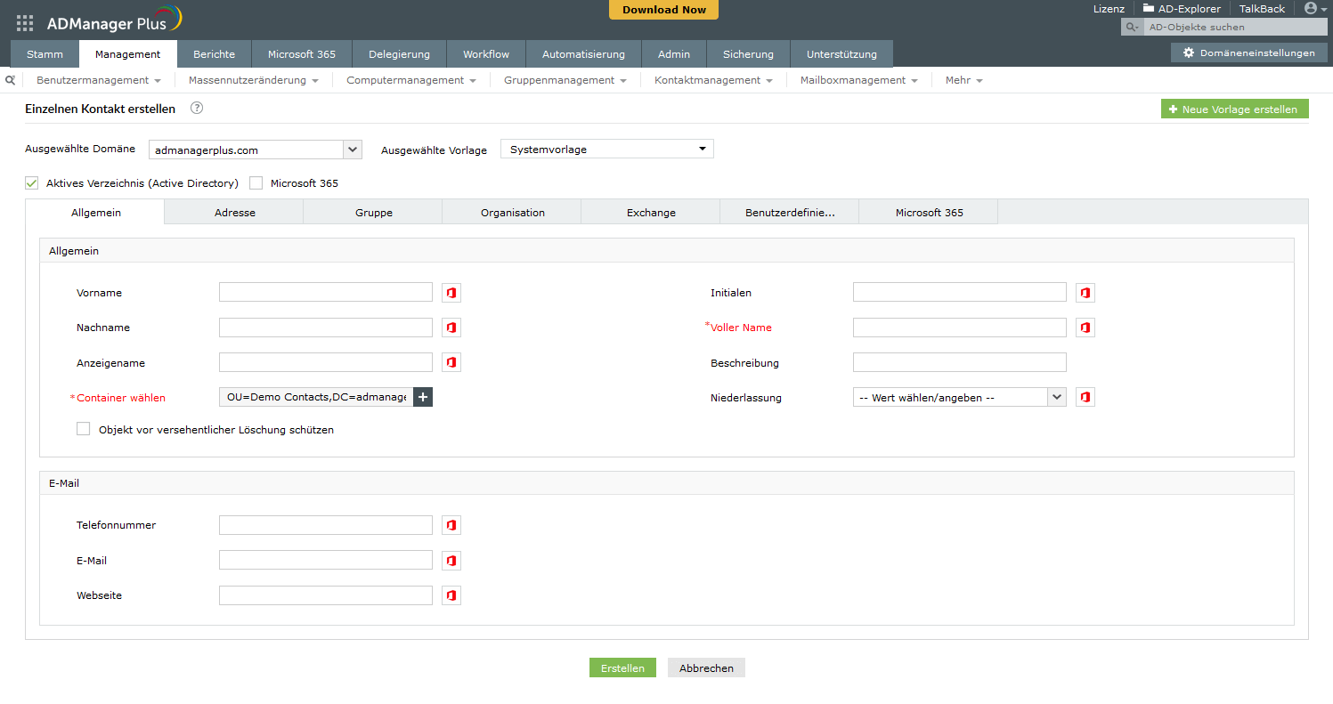 Screenshot ADManager Plus: AD-Kontakte anlegen und verwalten