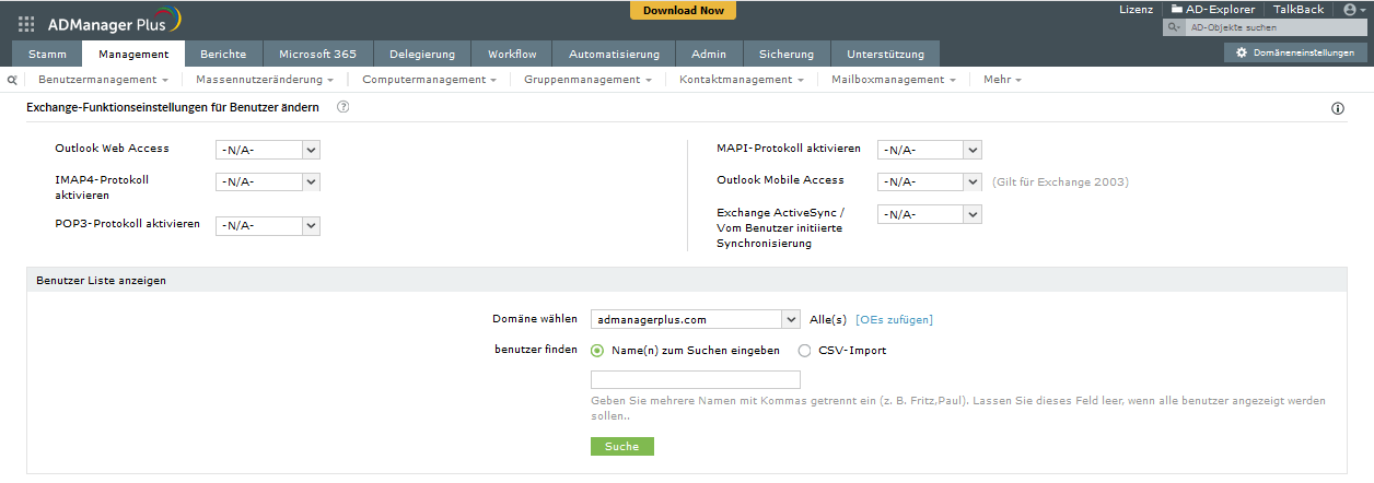 Screenshot ADManager Plus: AD- und Exchange-Server-Management