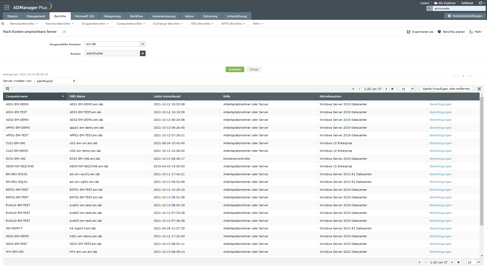 Screenshot: ADManager Plus - Der Konformitätsbericht „Nach Konten ansprechbare Server“