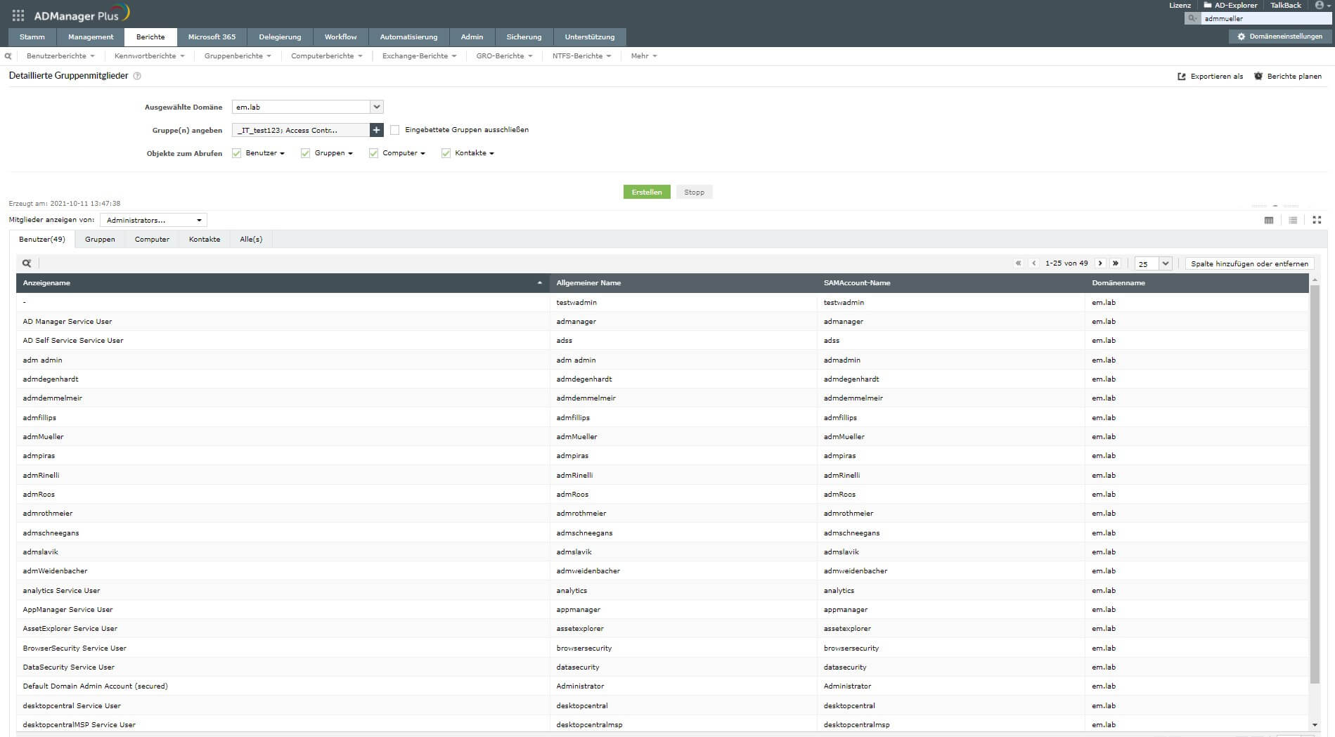 Screenshot: ADManager Plus - Bericht zu allen Mitgliedern einer Gruppe