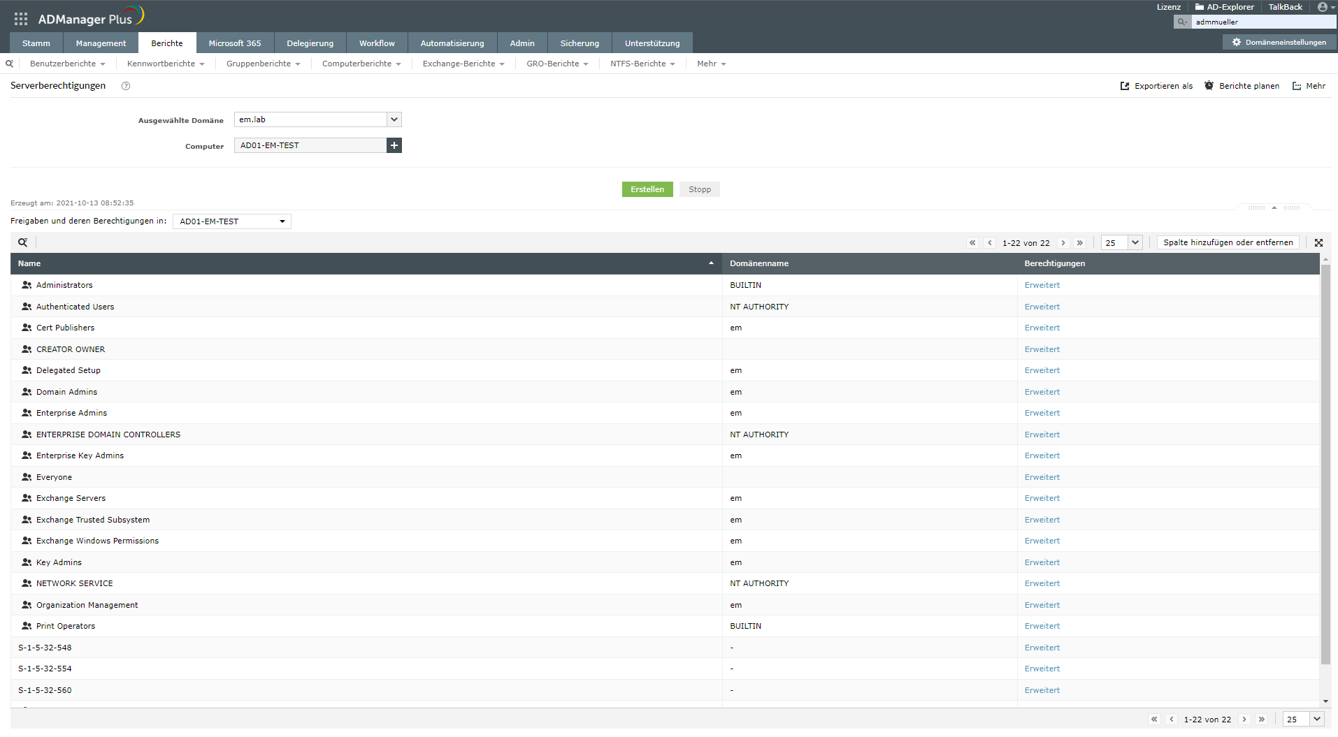 Screenshot ADManager Plus: Konformitätsbericht „Serverberechtigungen“