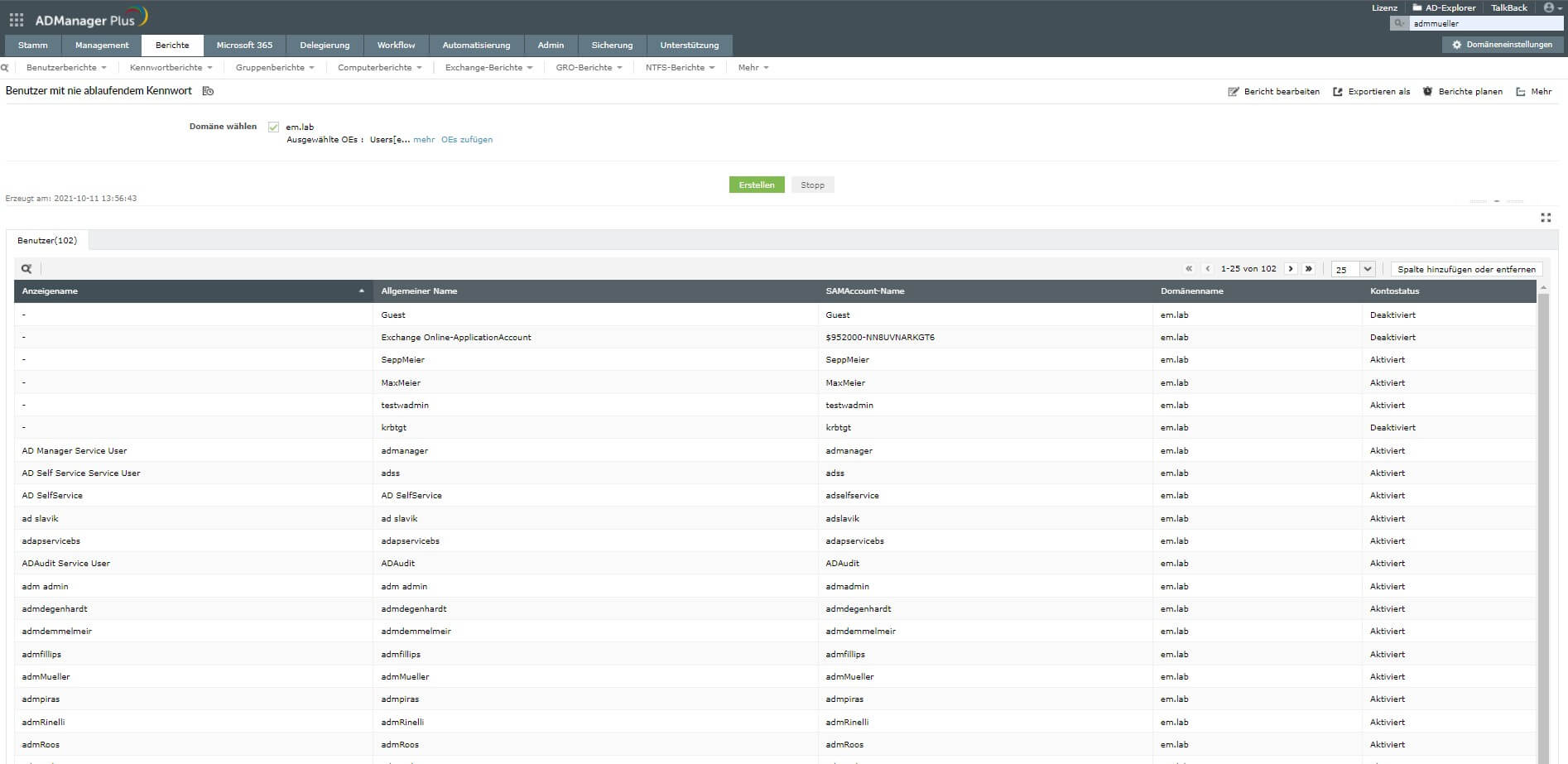 Screenshot: ADManager Plus - Bericht zu Usern mit nie ablaufenden Passwörtern