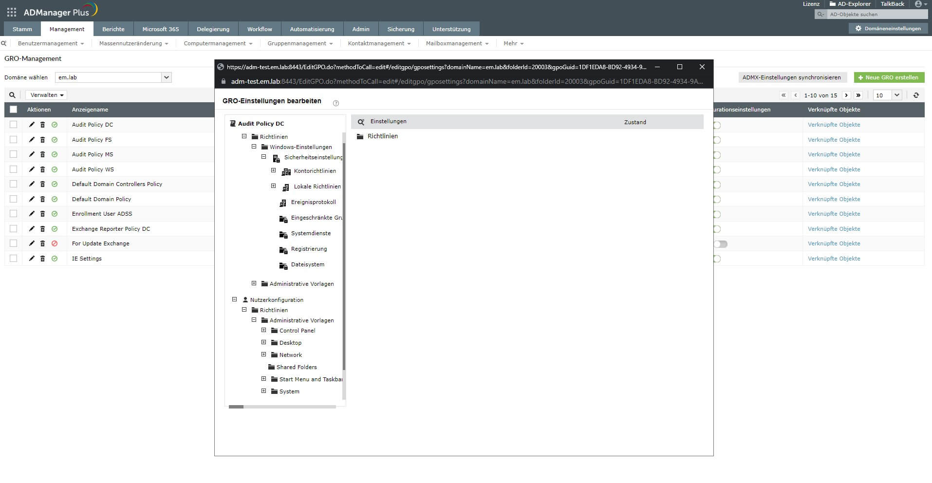 Screenshot ADManager Plus: Verwaltung von Gruppenrichtlinienobjekten