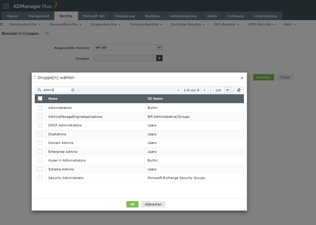 Screenshot ADManager Plus: Benutzer-in-Gruppen-Bericht