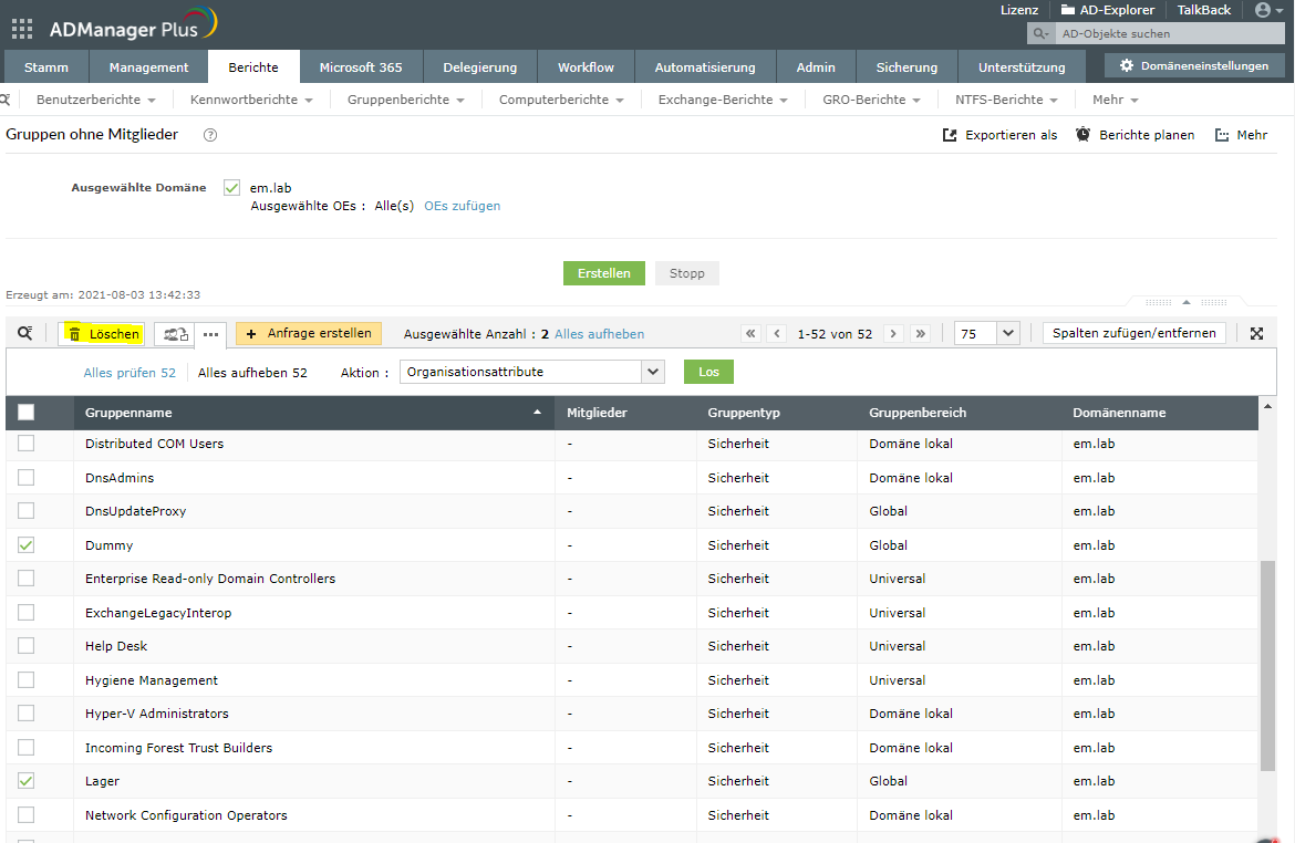 Screenshot ADManager Plus: Gruppen ohne Mitglieder finden