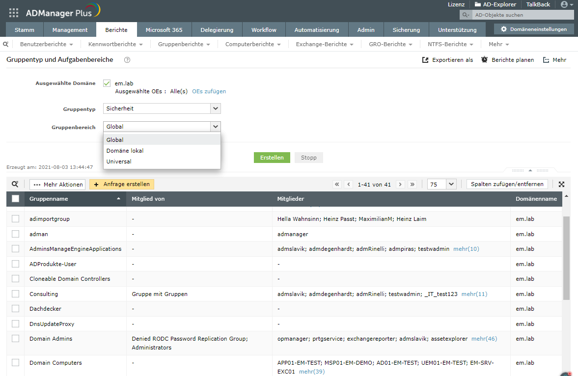 Screenshot ADManager Plus: Gruppentyp- und Aufgabenbereiche-Bericht