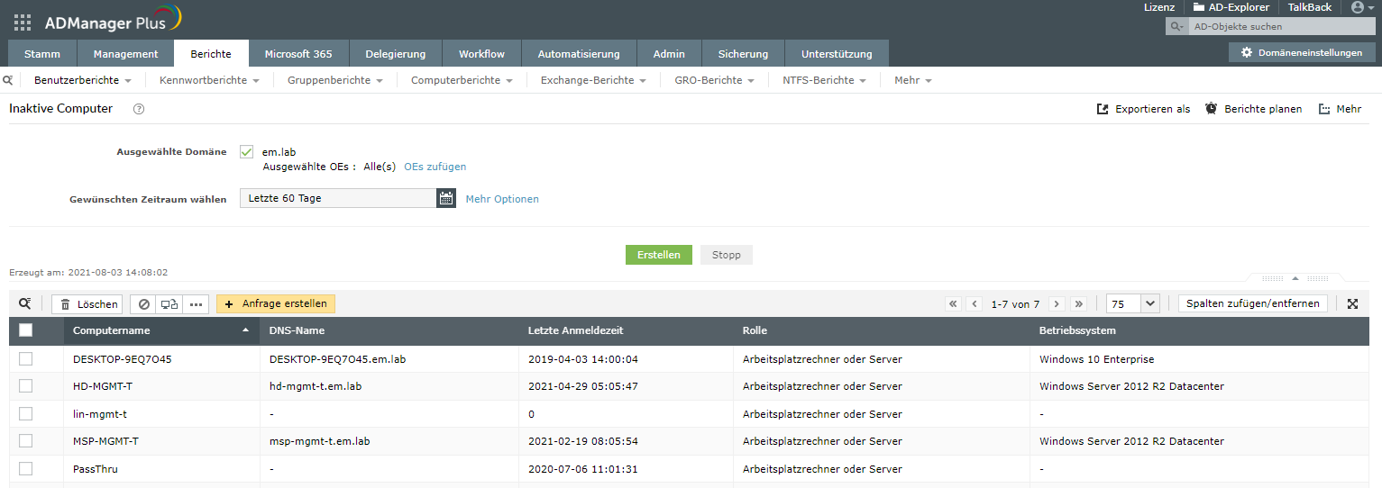 Screenshot ADManager Plus: Inaktive Computer-Bericht Screenshot ADManager Plus: Inaktive Computer-Bericht