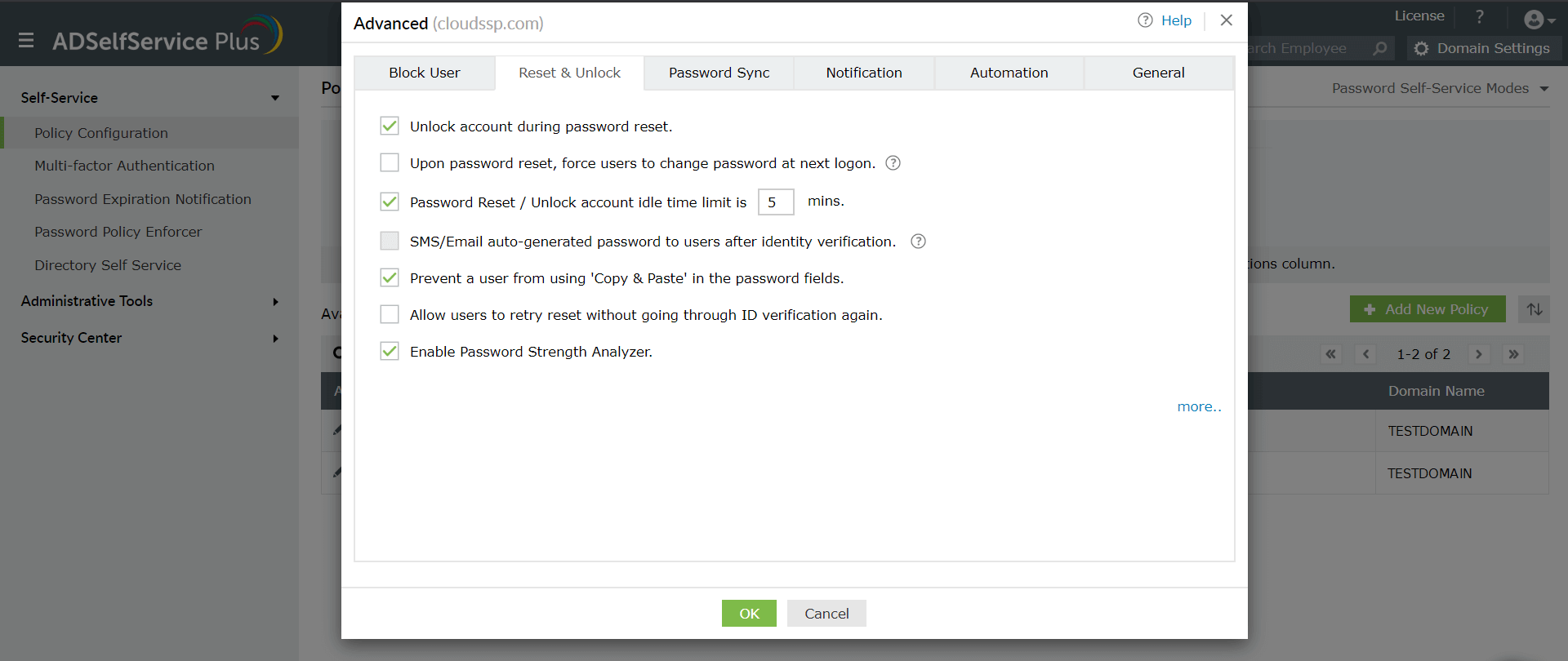 Screenshot ADSelfService Plus: Advanced Password Reset Policy