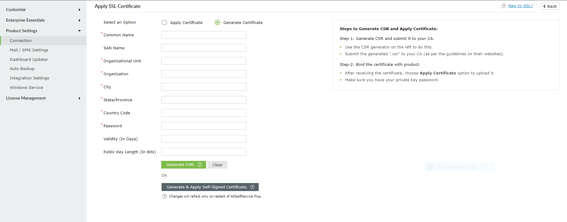 Screenshot ADSelfService Plus: CSR Generierung