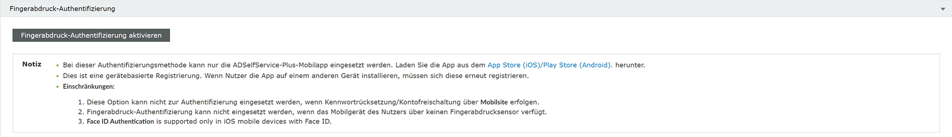 Screenshot ADSelfService Plus: Fingerabdruck-Authentifizierung aktivieren