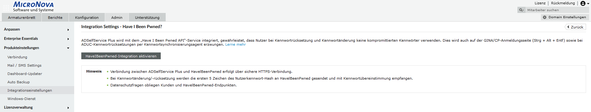 Screenshot ADSelfService Plus: Integration mit “Have I Been Pwned?”
