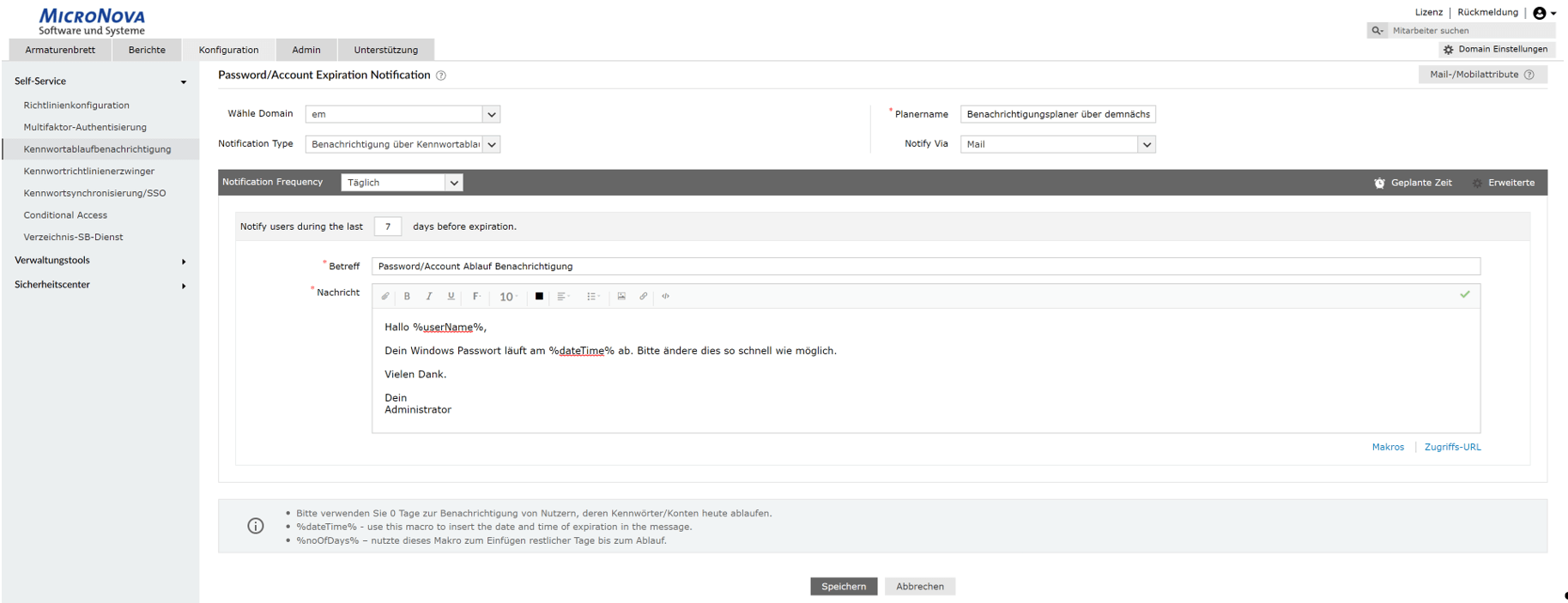 Screenshot ADSelfService Plus: Benachrichtigung bei Kennwortablauf