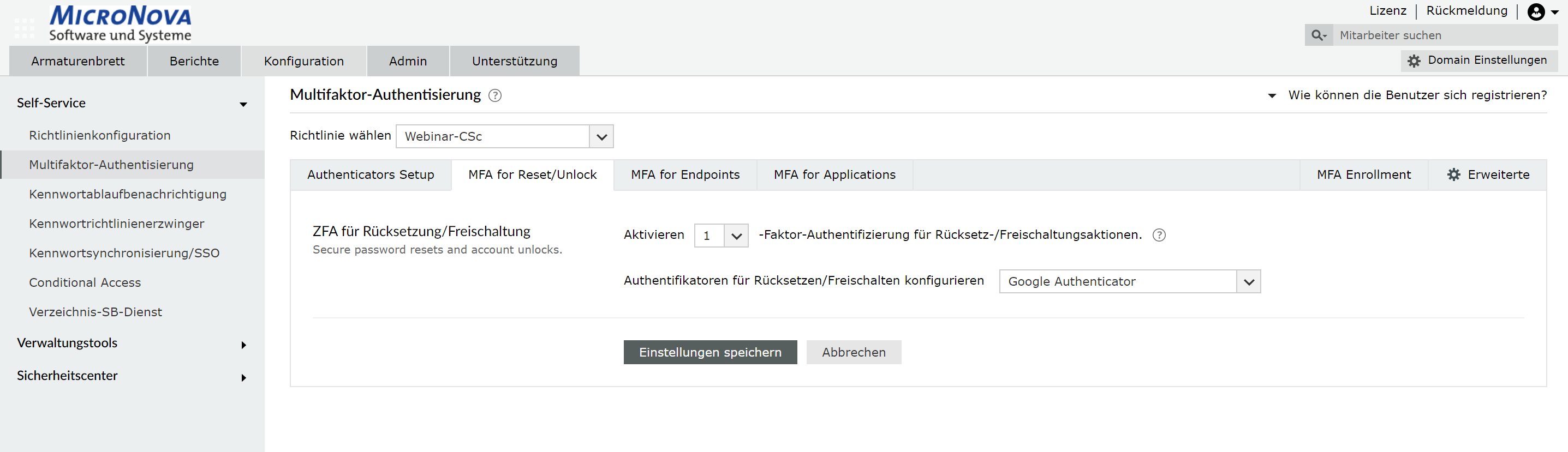 Screenshot ADSelfService Plus: Multifaktor-Authentifizierung konfigurieren
