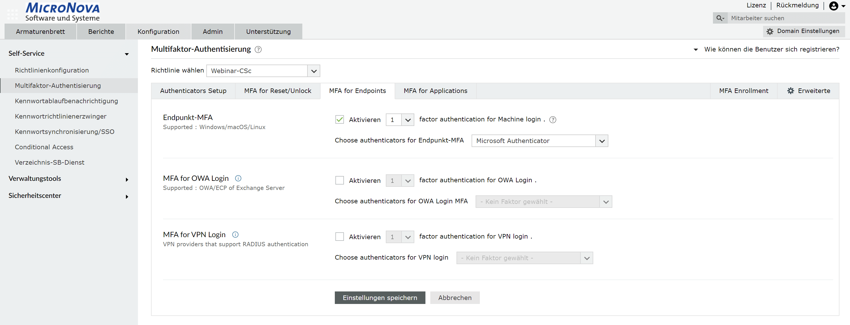 Screenshot ADSelfService Plus: MFA-Einstellungen für Endpoint-Anmeldungen Screenshot ADSelfService Plus: MFA-Einstellungen für Endpoint-Anmeldungen