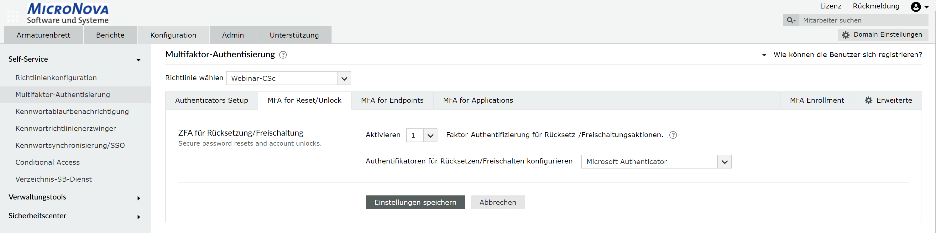 Screenshot ADSelfService Plus: MFA-Einstellungen für Passwort-Zurücksetzen / Account freischalten