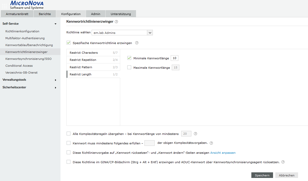 Screenshot ADSelfService Plus: Mindestlänge von Passwörtern in Passwortrichtlinien festlegen