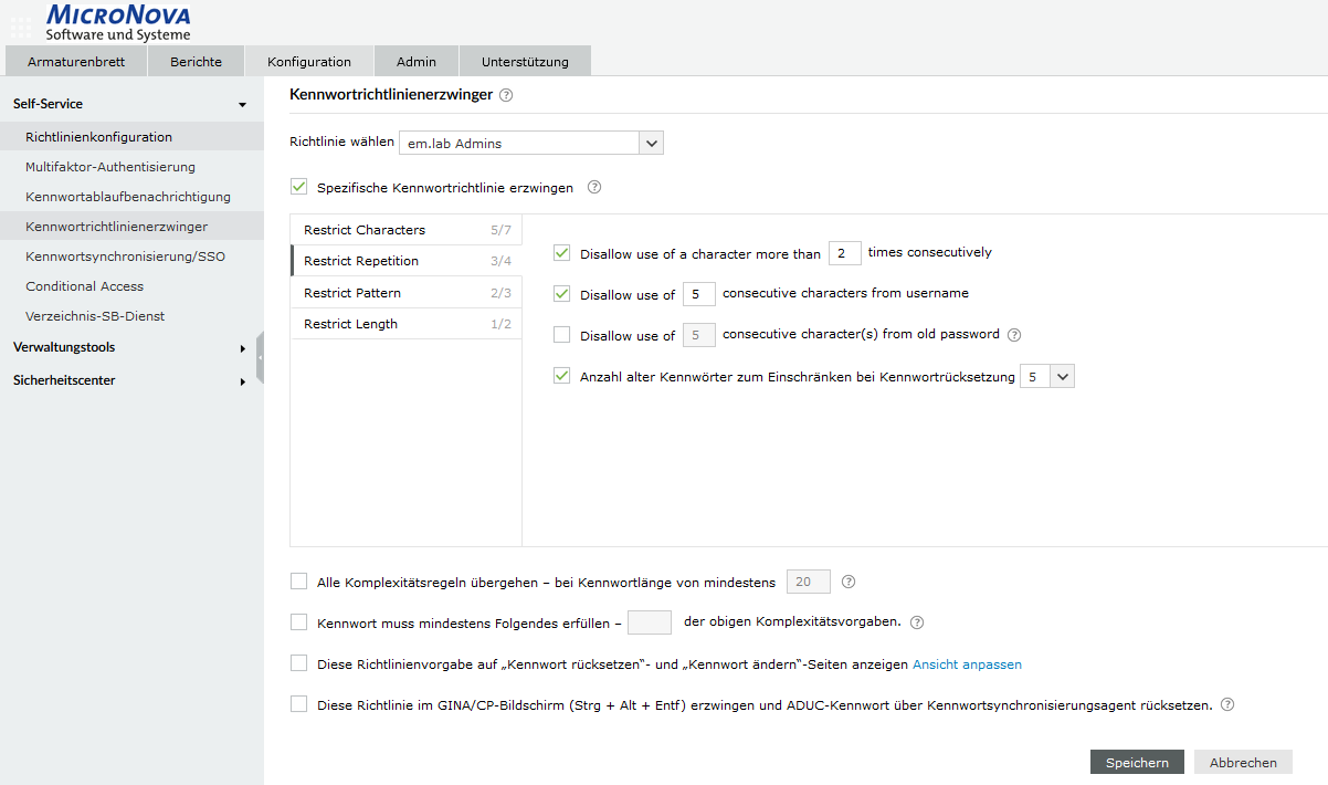 Screenshot ADSelfService Plus: Passwortwiederholung in Passwortrichtlinien einschränken