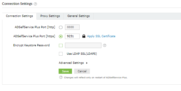 Screenshot ADSelfService Plus: SSL Verbindungseinstellungen