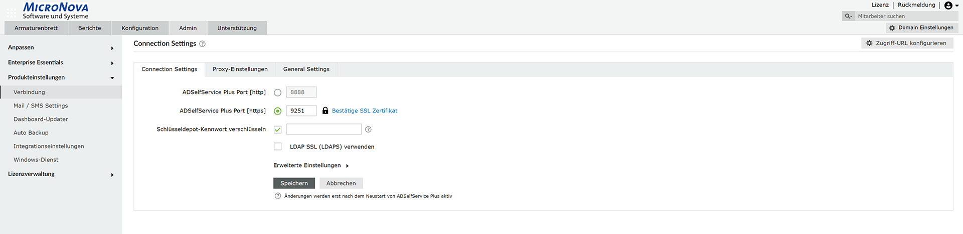Screenshot ADSelfService Plus: HTTPS in ADSelfService Plus aktivieren