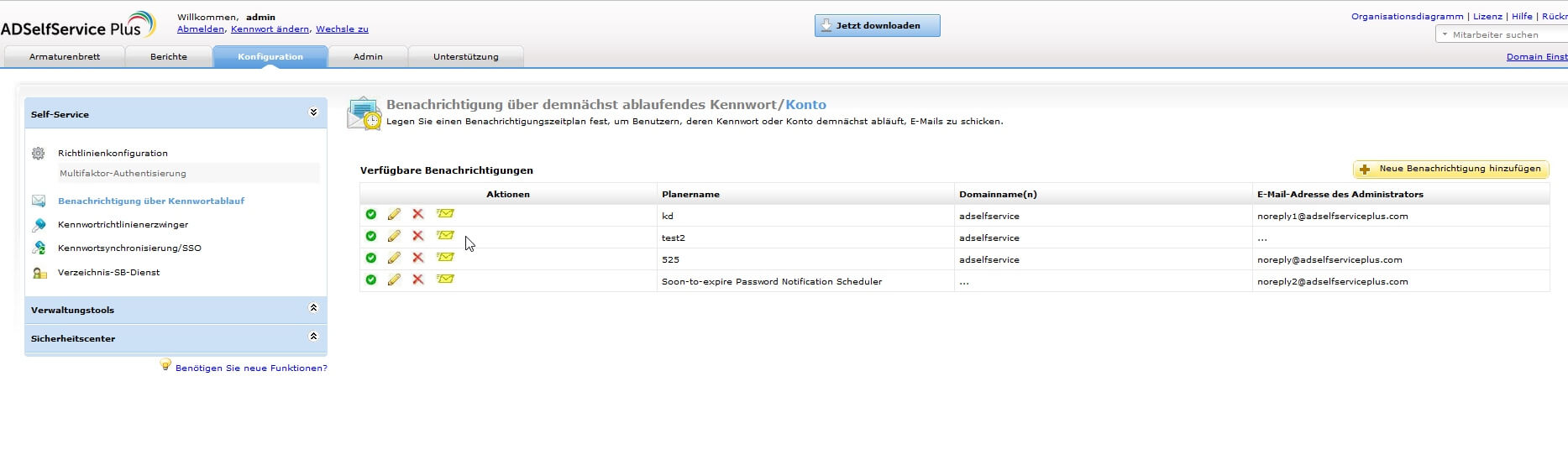 Screenshot ADSelfService Plus: Benachrichtigungen über demnächst ablaufende Passwörter festlegen