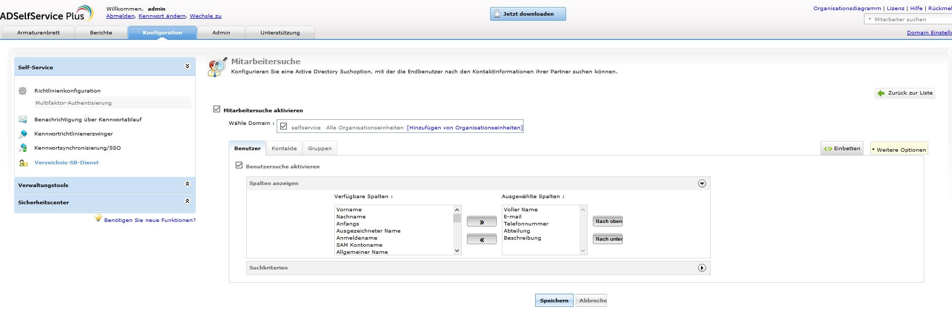 Screenshot ADSelfService Plus: Regeln für die Mitarbeitersuche im AD festlegen