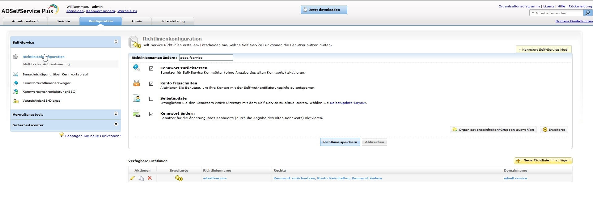 Screenshot ADSelfService Plus: Richtlinienkonfiguration für Self-Service-Funktionenür den Administrator zum Zurücksetzen des Kennworts durch den Benutzer