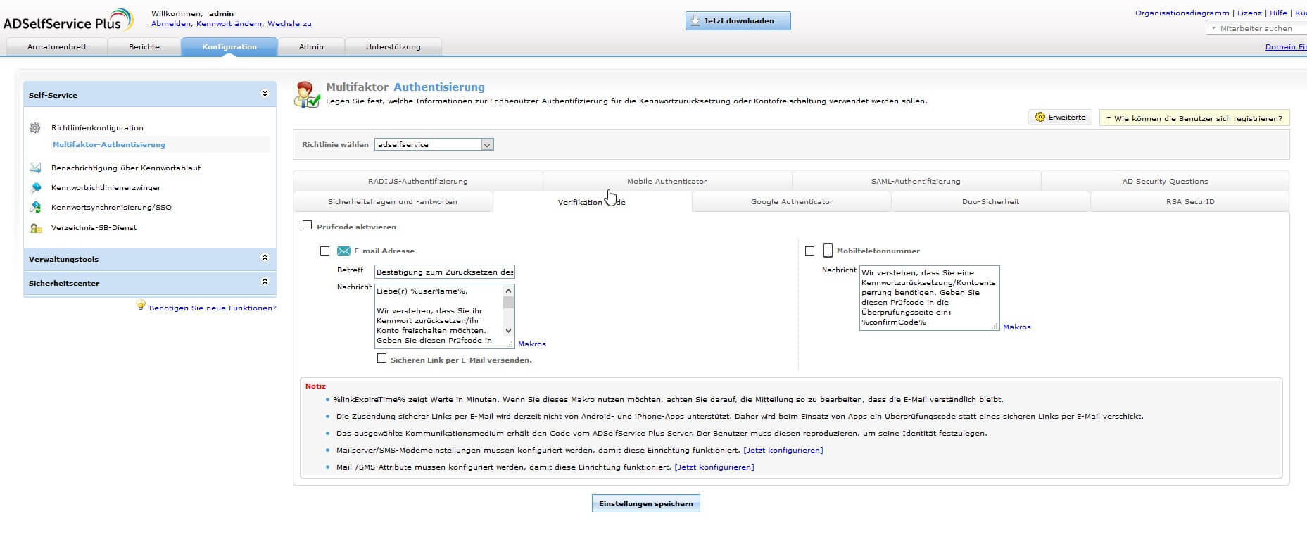 Screenshot: ADSelfService Plus - Prüfcode zur Identitätsprüfung per SMS oder E-Mail hinterlegen
