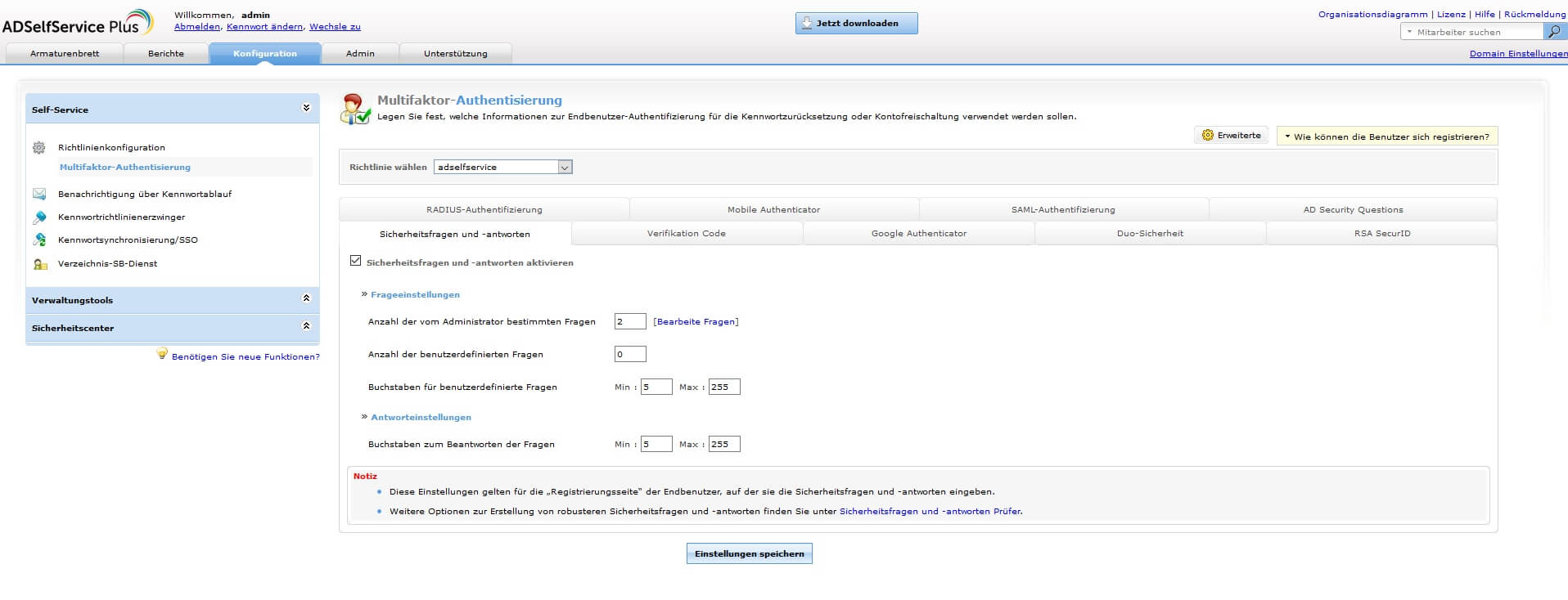 Screenshot: ADSelfService Plus - Sicherheitsfragen und –antworten lassen sich im Administratorbereich einstellen