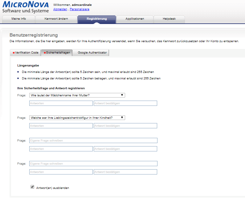 Screenshot: ADSelfService Plus - Bei der Benutzerregistrierung werden Sicherheitsfragen hinterlegt, um die Identität des Nutzers überprüfen zu können