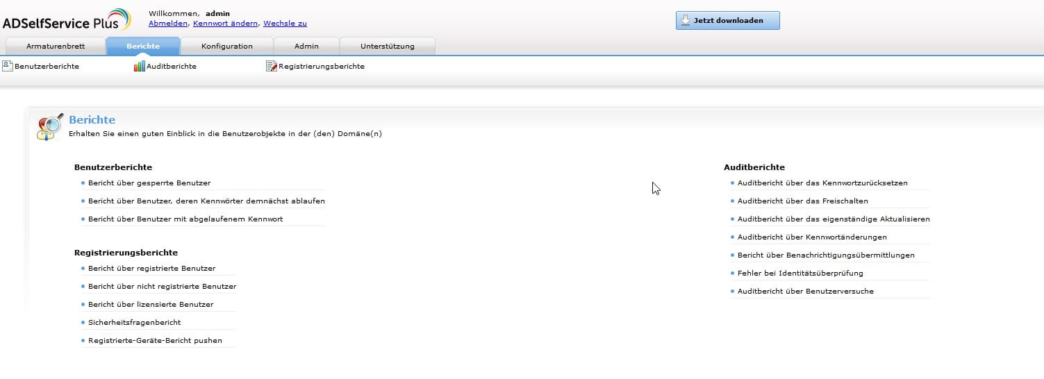 Screenshot ADSelfService Plus: Übersicht Berichte
