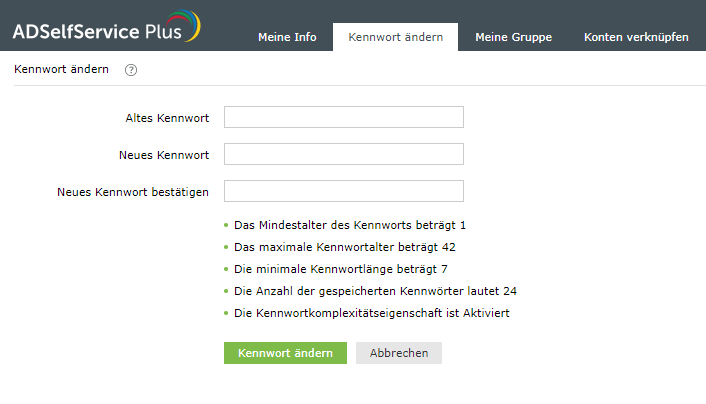 Screenshot ADSelfService Plus: Eingabemaske Passwortänderung durch den User