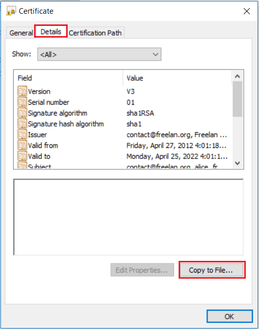Screenshot Zertifikatsdatei: Zertifikatdetails