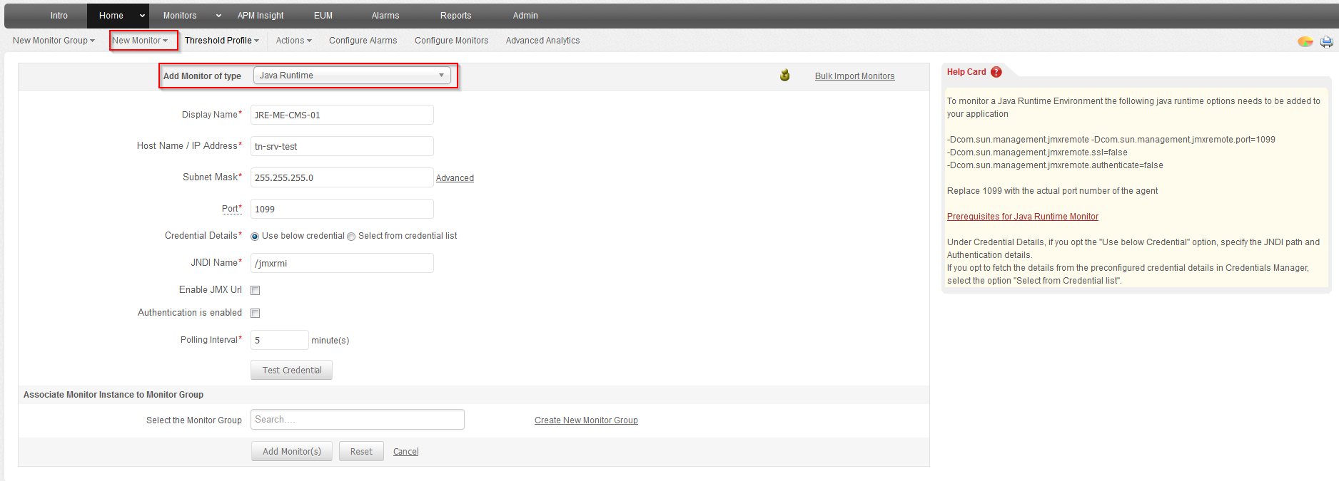 Screenshot Application Manager: Applications Monitore anlegen