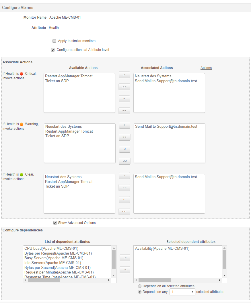 Zuweisung Action zu Alarm monitorbasiert in Applications Manager