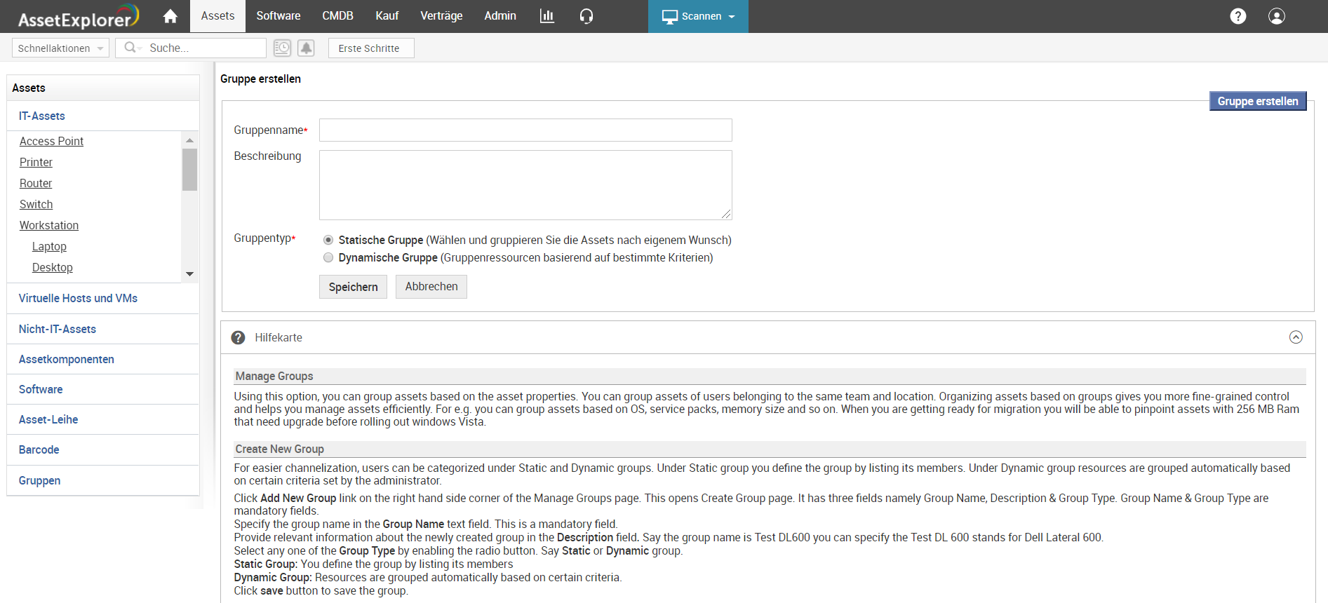 Screenshot AssetExplorer: Neue Asset-Gruppe erstellen