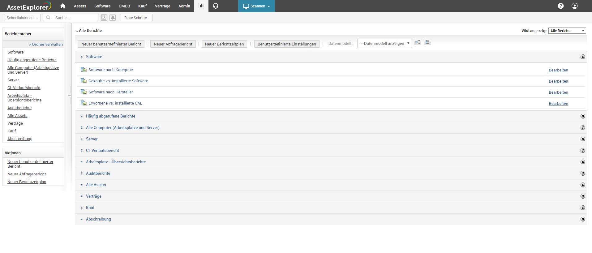 Screenshot AssetExplorer: Berichte zu Software