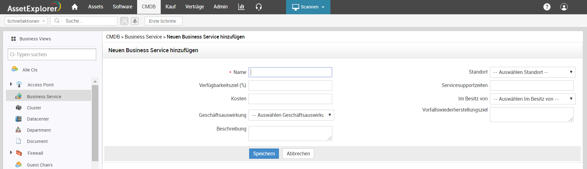 Screenshot AssetExplorer: Neuen Business Service hinzufügen