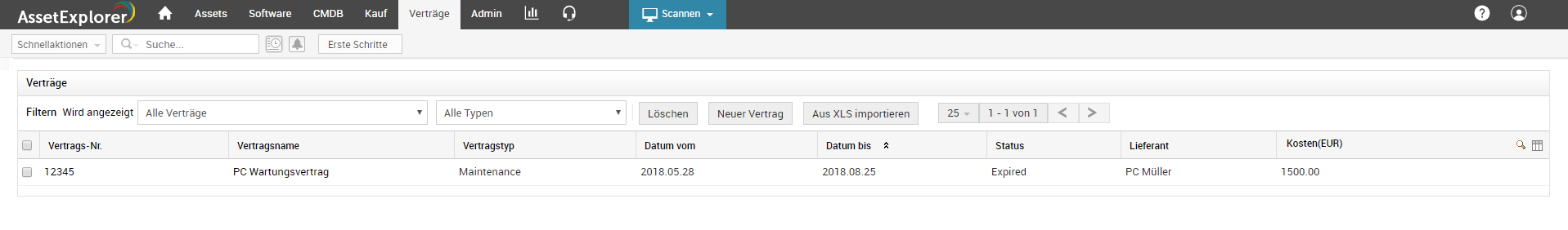 Screenshot AssetExplorer: Asset-Wartungsverträge hinterlegen