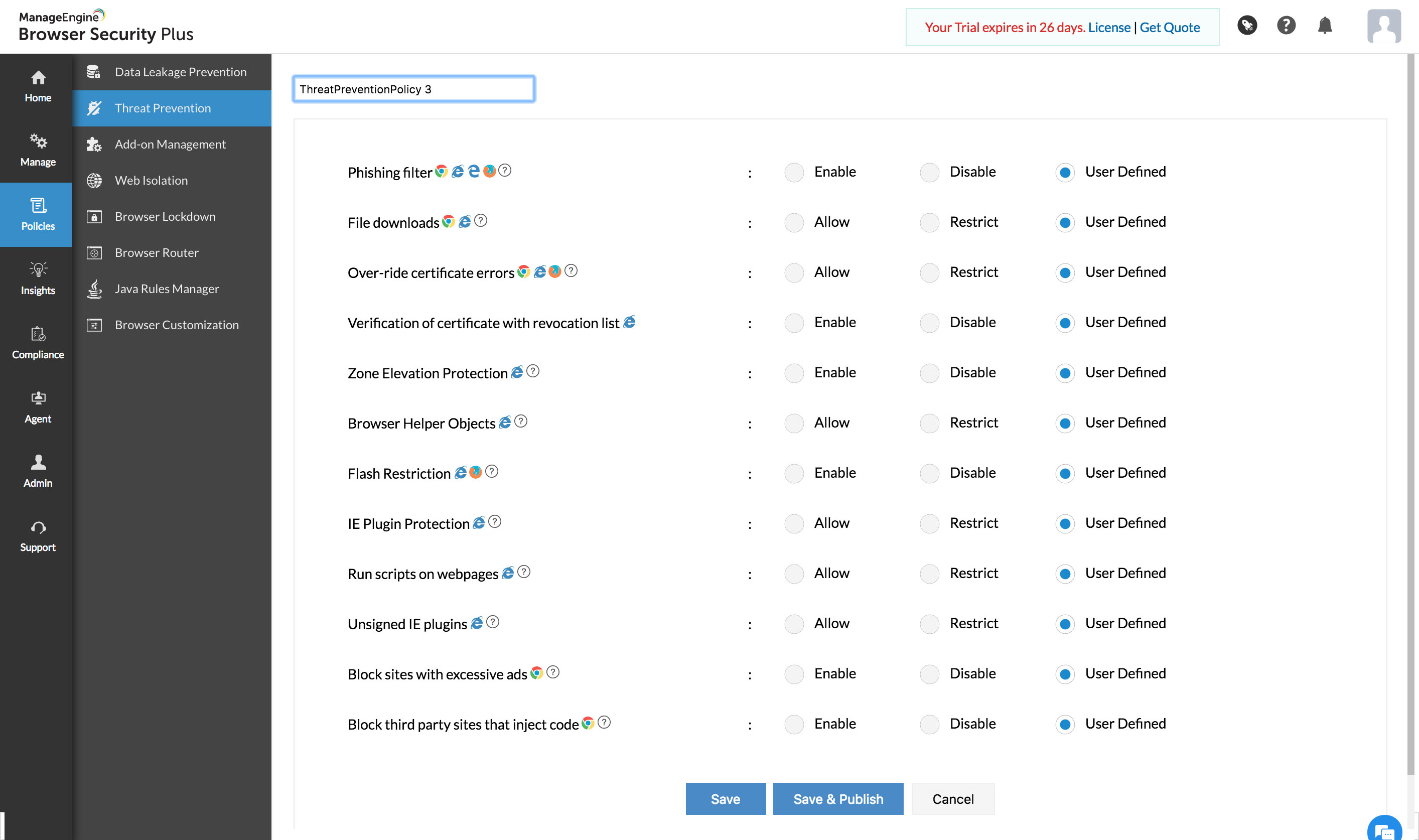 Screenshot Browser Security Plus: Bedrohungsabwehr Sicherheitseinstellungen konfigurieren