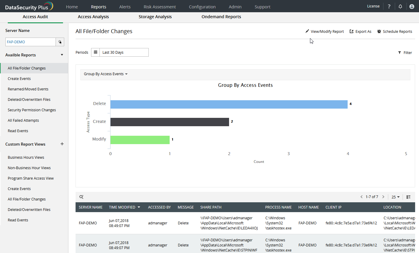 Screenshot DataSecurity Plus: Datei- und Verzeichnis-Änderungen