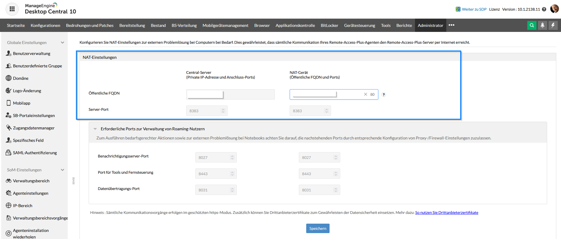 Screenshot Endpoint Central: NAT-Einstellungen Secure Gateway Server