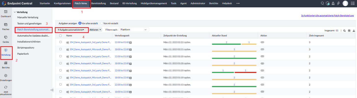 Screenshot Endpoint Central: Neue Aufgabe für die automatische Patch-Bereitstellung anlegen