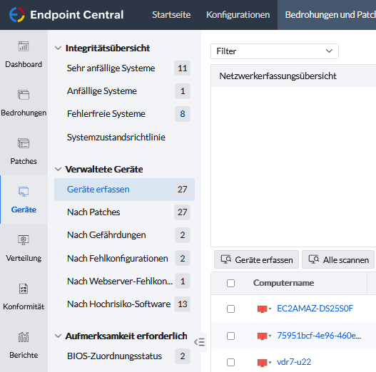 Screenshot Endpoint Central: Computer auf fehlende Patches scannen