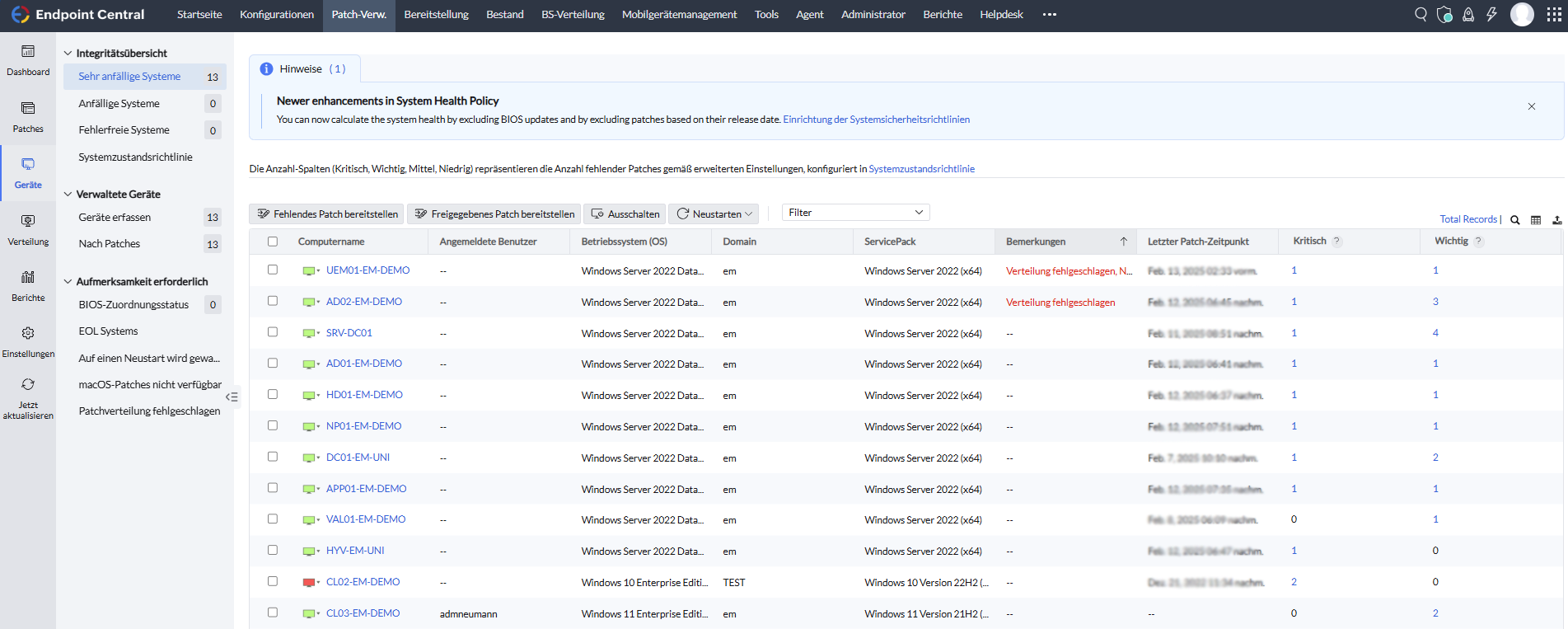 Screenshot Screenshot Endpoint Central: Computer auf fehlende Patches scannen Screenshot Screenshot Endpoint Central: Computer auf fehlende Patches scannen
