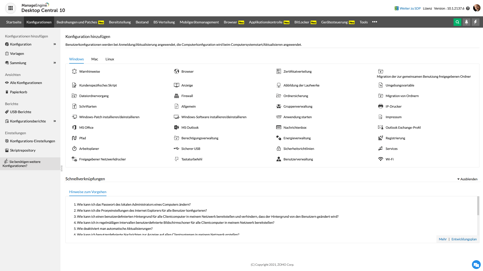 Screenshot Endpoint Central: Angebot an Konfigurationsvorlagen